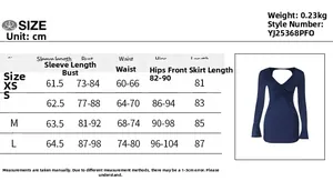 Tableau des tailles détaillé pour la mini robe moulante à col en V de la taille XS à L