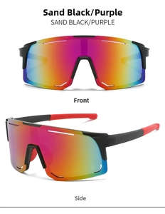 Front and side views of matte black sports cycling sunglasses with rainbow gradient lenses