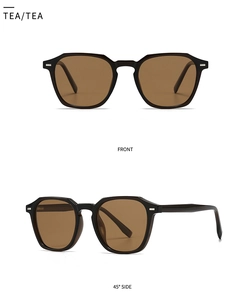 Detailed front and side view of classic round polarized sunglasses with tea lenses