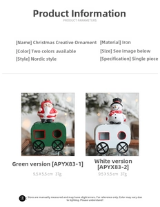 Detail view of painted iron Santa and Snowman train ornaments with size specifications