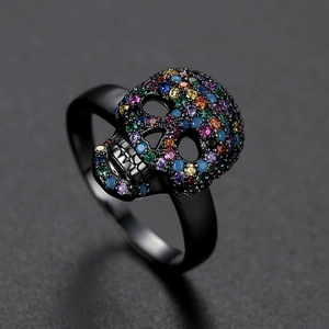 Gothic punk black skull ring with colorful pave stones for men and women