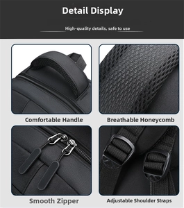 Detail view of backpack padded handle, breathable mesh back, zippers, and adjustable straps