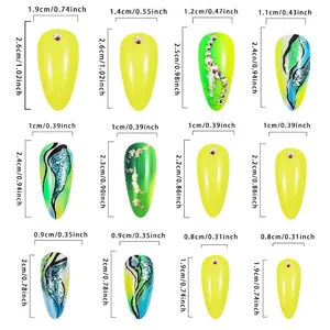 Size chart showing width and length for 12 pieces of stiletto press-on nails with rhinestones