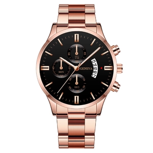 Men's rose gold stainless steel chronograph watch with black dial and calendar display