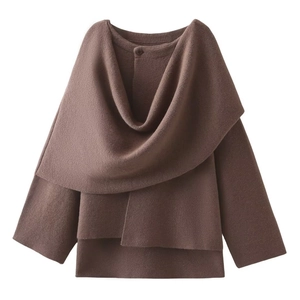 Dark brown knitted shawl cardigan with single button and layered design on white background