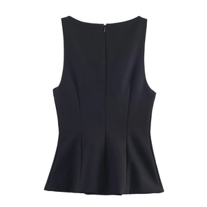 Elegant sleeveless slim-fit black top with hidden back zipper on a white background