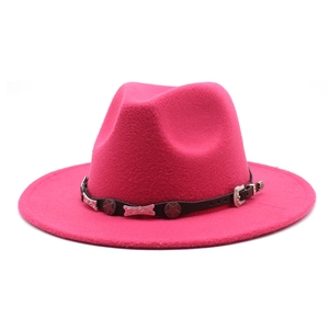Detail of magenta fedora with black leather band and silver star metal accents