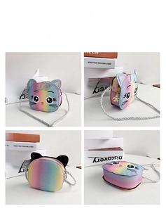 Detail shots of gradient rainbow cat mini crossbody bag with cartoon face and rope strap