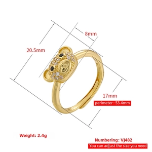 Macro view of 18K gold plated bear ring with pavé cubic zirconia and dimensions