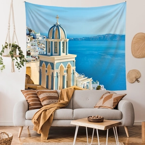 Santorini landscape tapestry hanging on a modern living room wall for home decoration