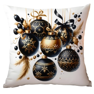 Detailed view of luxury Christmas pillowcase with gold ornaments and black ribbons