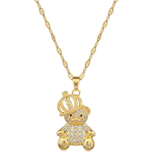 Luxurious gold-tone teddy bear necklace with crown and crystals on geometric chain