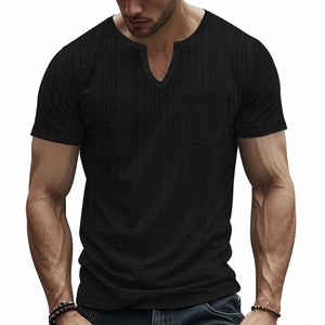 Men's casual black V-neck short sleeve T-shirt with textured waffle knit and chest pocket