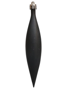 Close-up of a matte black drop-shaped Christmas ornament with silver hanging cap