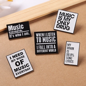 Punk style music theme enamel pins set with black and white quotes on kraft paper