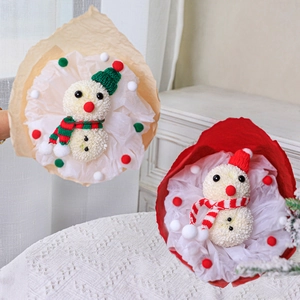 DIY Christmas snowman flower bouquet kit with cozy red and green knitted hats and scarves