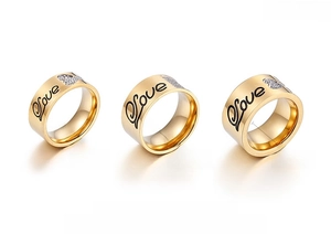 Detailed comparison showing 8mm, 10mm, and 12mm wide gold rings with Love engraving