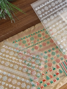 Detail of Christmas nail stickers with snowflake and reindeer embossed textures