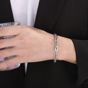 Minimalist silver stainless steel rectangular link chain bracelet for men on wrist