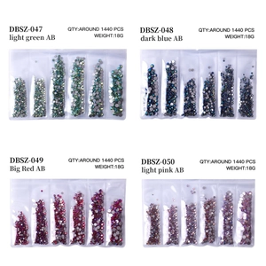 Flatback rhinestones in four AB colors showing detailed sorting and quantity specs