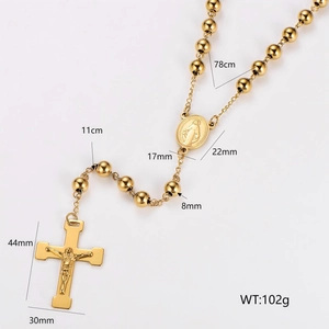 8mm gold stainless steel rosary necklace with cross pendant and detailed size measurements