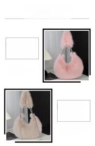 Detail of pink and beige plush faux fur hobo bags with silver chain and wide straps