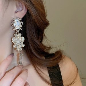 Baroque floral drop earrings with clear resin crystals and silver needles for women