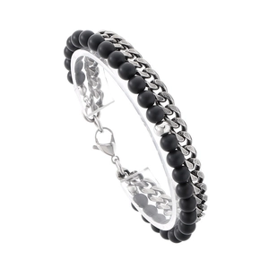 Double-layer men's bracelet with black onyx beads and silver titanium Cuban chain link