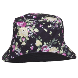 Wendbarer Anglerhut mit elegantem Vintage-Rosen-Blumendruck auf schwarzem Grund