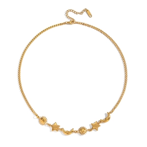 18K gold plated stainless steel necklace with sun moon and star charms in flat layout