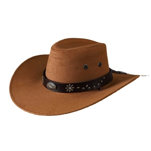 Brown faux suede western cowboy hat with wide brim and decorative leather metal band