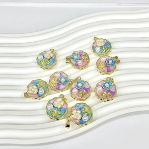 Round Flower Pendant Copper Enamel Imitation Artificial Pearl Monet Garden Rose Vintage Oil Painting Style 18K Gold Plated Jewelry