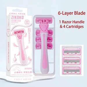 Kit rasoir femme rose avec manche, quatre recharges à 6 lames et étui de rangement transparent