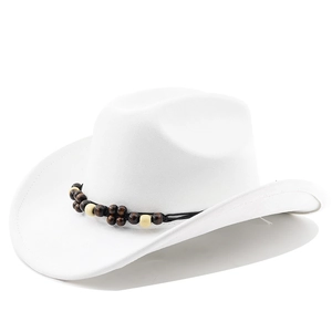 Detailed view of white felt cowboy hat featuring a tribal wooden bead hatband trim