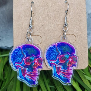 Makroaufnahme der holografischen Totenkopf Ohrringe aus Acryl mit blau-violetten Reflexen