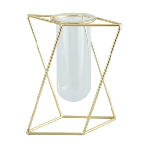 Modern Nordic geometric gold metal frame flower vase with clear glass test tube insert