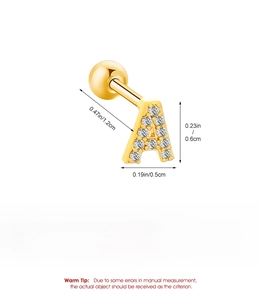 Detail view of gold alloy letter A ear stud with zircon inlay and size dimensions