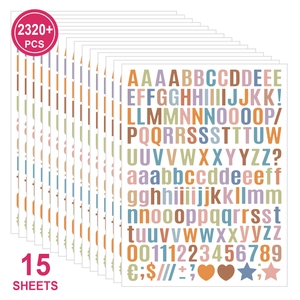 Macro view of 15 sheets containing 2320 pieces of colorful Morandi alphabet and number stickers