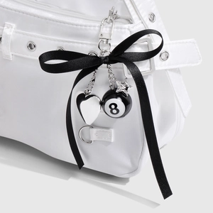 White nylon shoulder bag with black bow and heart star pool ball keychain pendant