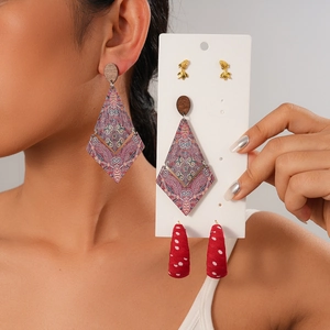 Vintage Ethnic Wood Fabric Earrings Set 925 Sterling Silver Post Geometric Rhombus Round Polka Dot Fish Stud Earrings Jewelry