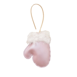 Pink satin Christmas glove ornament with white faux fur trim and cream hanging string