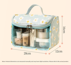 Detail of blue floral makeup bag showing 20x12x16cm dimensions and clear PVC window