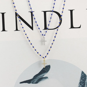 S925 sterling silver cross necklaces with blue beads and zircon pendants in gold and silver
