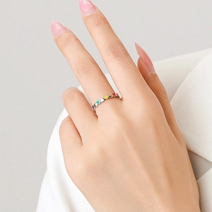 Minimalist S925 sterling silver ring featuring colorful rainbow enamel heart shapes