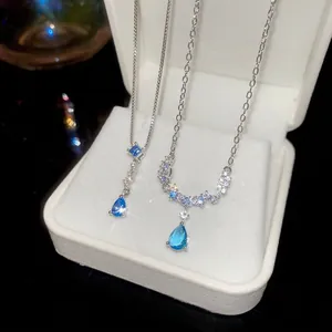 Elegant Blue Water Drop Pendant Necklace Copper With Cubic Zirconia Square Star Light Luxury Jewelry For Women