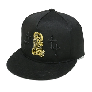 Detailed embroidery of religious icon and cross on black cotton flat brim baseball cap