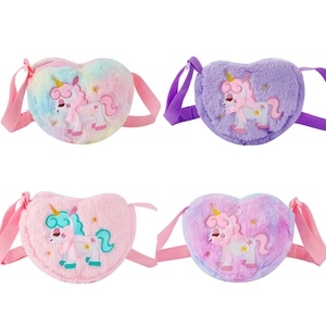 Cute plush heart unicorn crossbody bag for kids girls, soft furry cartoon shoulder bag.