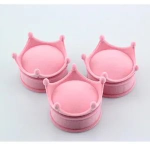 Princess style pink crown velvet jewelry boxes for rings and earrings display