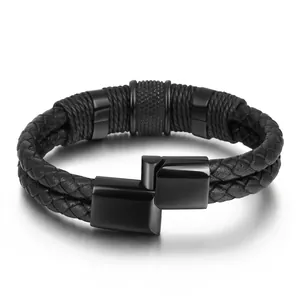 Men's double-layered black woven leather bracelet with matte black stainless steel clasp