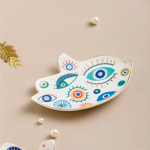 Vassoio per gioielli a Mano di Fatima in ceramica con Occhio di Allah e bordo oro